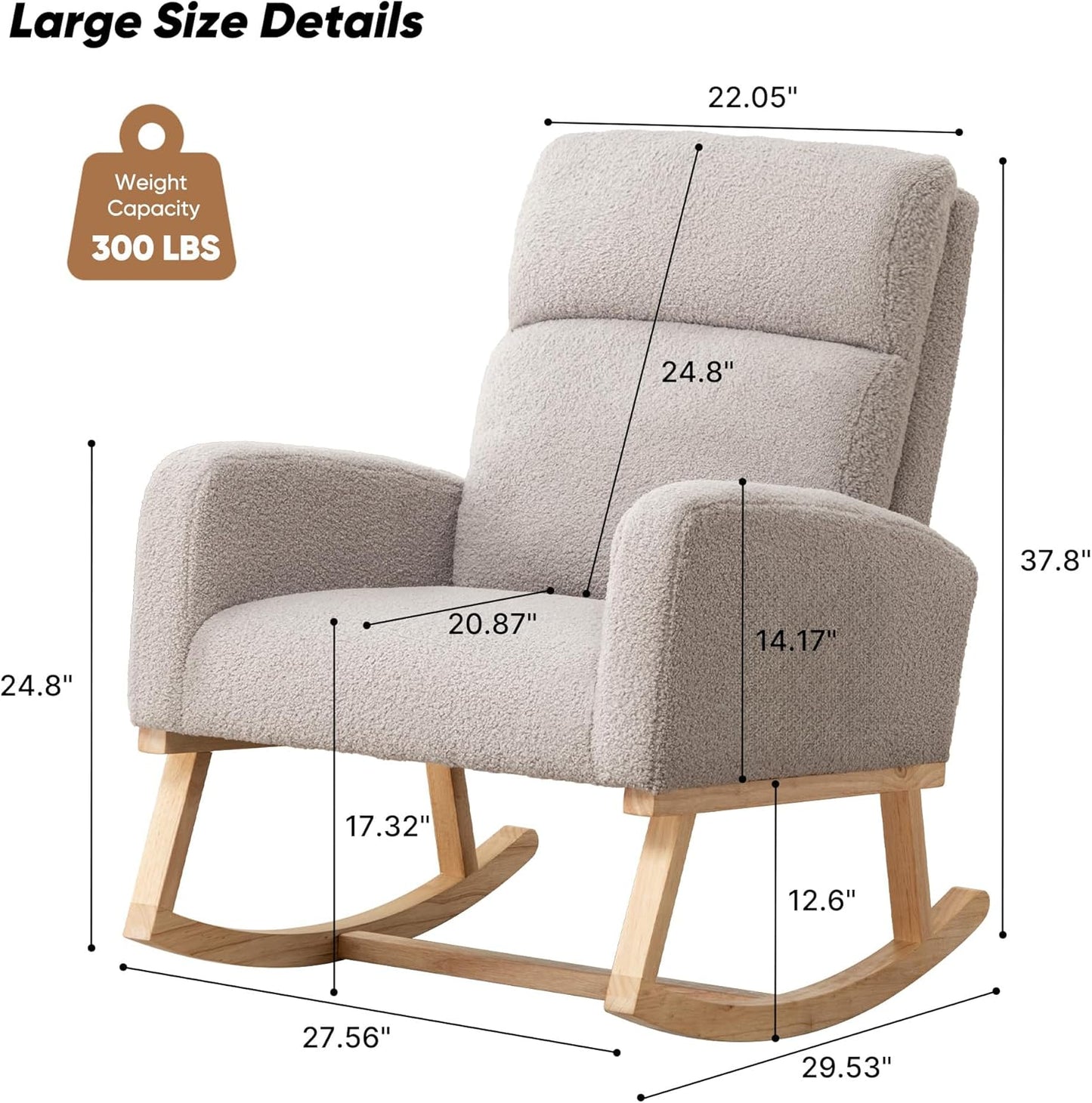 Rocking Chair Nursery, Upholstered Nursing Rocker Chair for Mom with High Backrest and Side Pockets for Bedroom Living Room, Beige