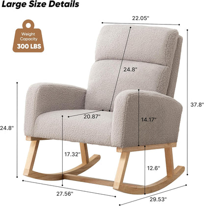 Rocking Chair Nursery, Upholstered Nursing Rocker Chair for Mom with High Backrest and Side Pockets for Bedroom Living Room, Beige