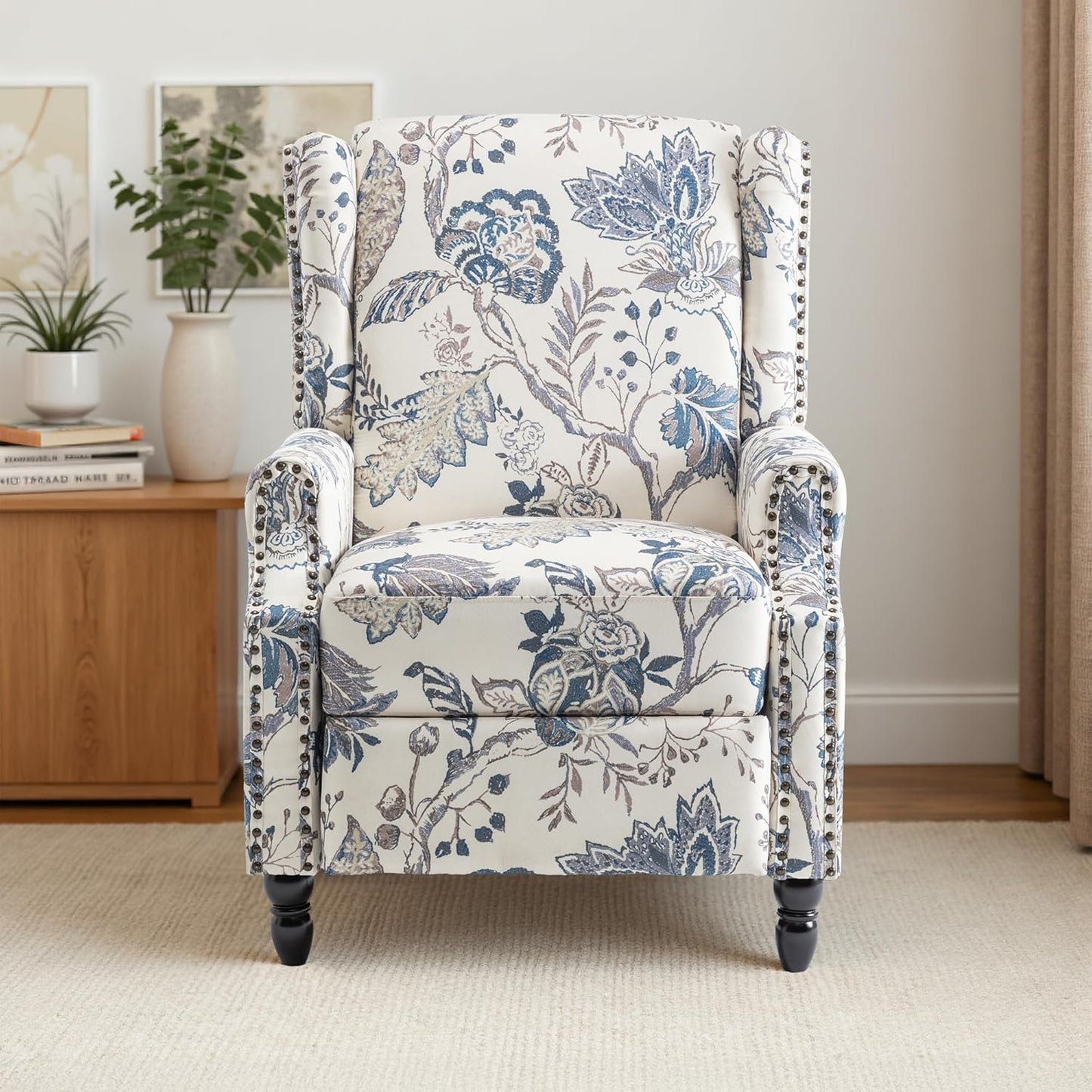 Swivel Rocker Recliner Chair, Manual Nursery Glider Recliner, Floral Fabric Wingback Accent Chair with Adjustable Backrest & Footrest for Small Spaces Living Room Bedroom (Plants Floral, Set of 1)