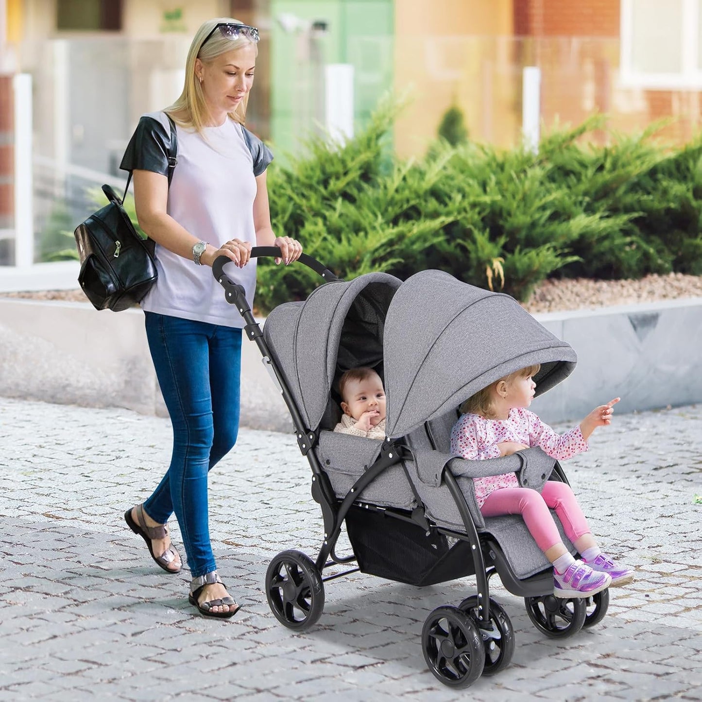 HONEY JOY Double Stroller, Foldable Lightweight Infant Twin with Tandem Seating, 5-Point Harness, Recline Seat, Storage Basket, Compact Baby Double Stroller Newborn and Toddler (Black)