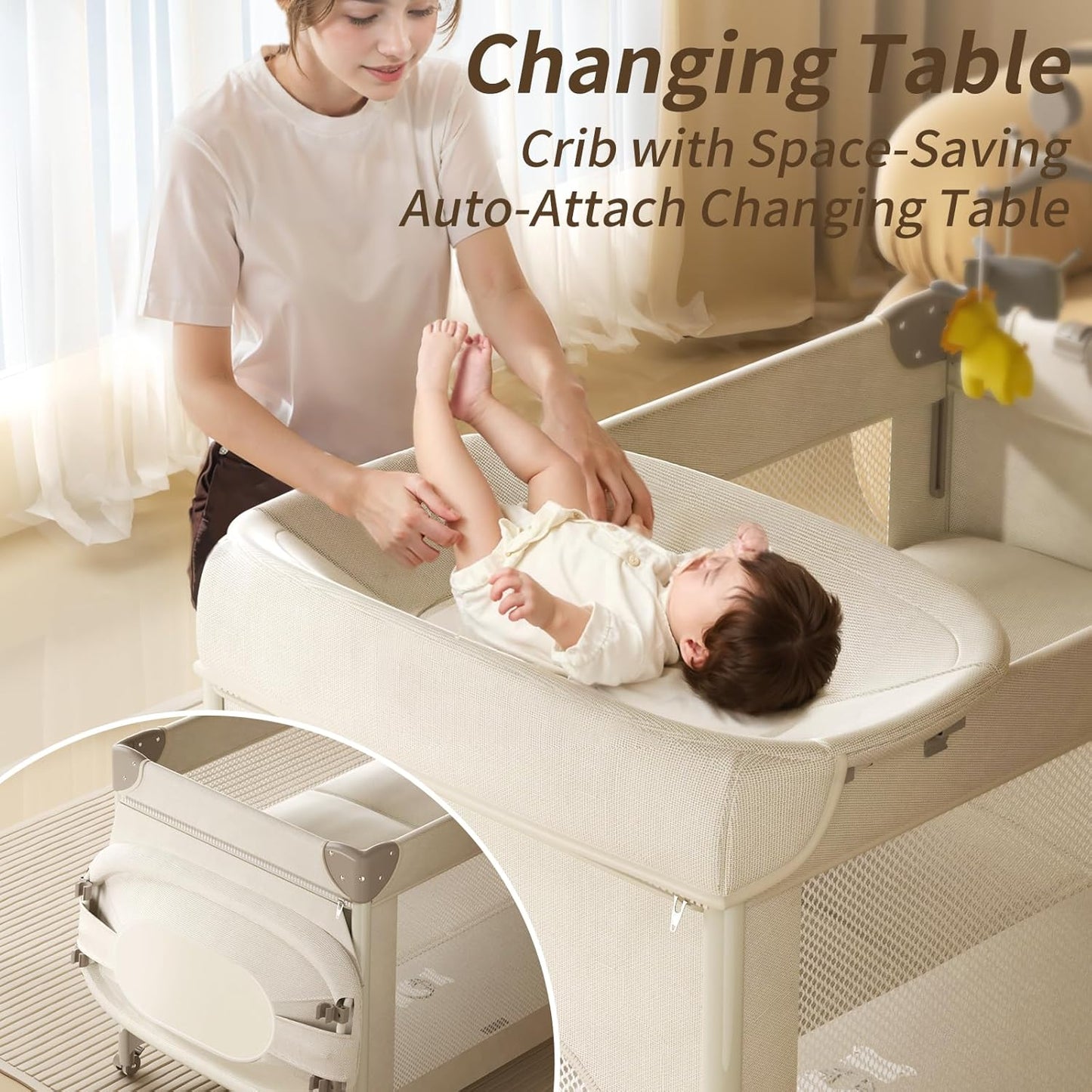 4-in-1 Baby Playard, Pack and Play: 4-Level Height-Adjustable Bedside Bassinet, One-Touch Foldable Travel Crib with Changing Table, Music Mobile & 4 Locking Wheels for Newborn to Toddler