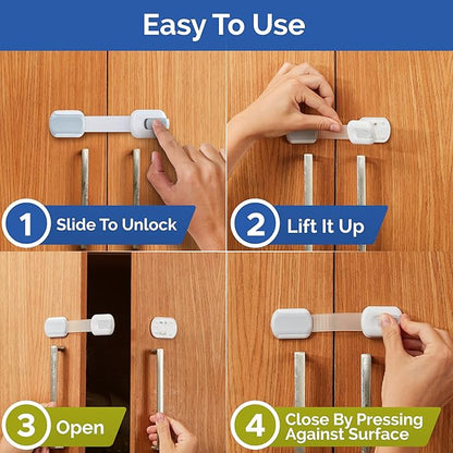 Child Safety Strap Locks (12 Pack) Baby Locks for Cabinets and Drawers, Toilet, Fridge & More. 3M Adhesive Pads. Easy Installation, No Drilling Required, White/Gray