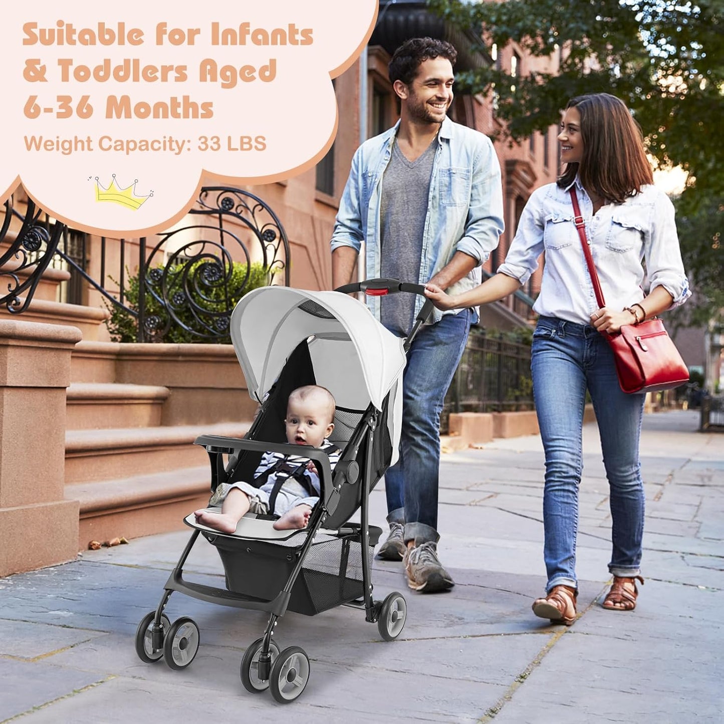 HONEY JOY Lightweight Stroller, Compact Travel Stroller for Airplane, Toddler Fold Pushchair w/Adjustable Canopy & Backrest, Storage Basket, Umbrella Stroller for Infants (Gray)