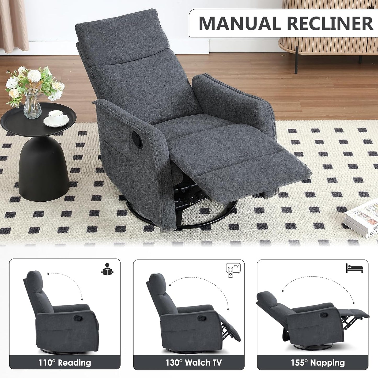 Trustyue Swivel Rocker Recliner Chair, 360° Swivel Recliner with Heat and Massage, Rocker Recliner Nursery Glider Chair with Side Pockets for Living Room (Beige, Fabric)