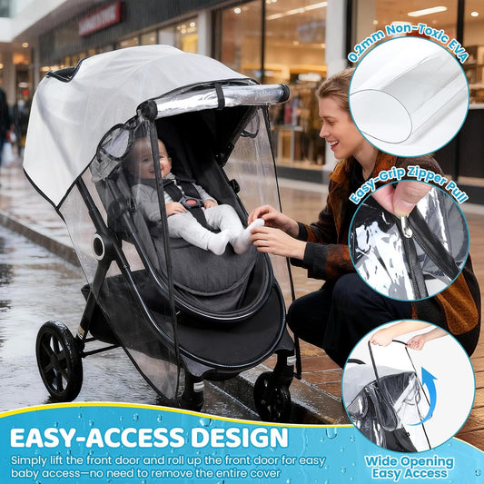 Clear Stroller Rain Cover, Universal Stroller Accessories, Waterproof Travel Weather Shield with Breathable Ventilation and Easy Access, Thick EVA & PVC Protect from Wind, Dust and Snow