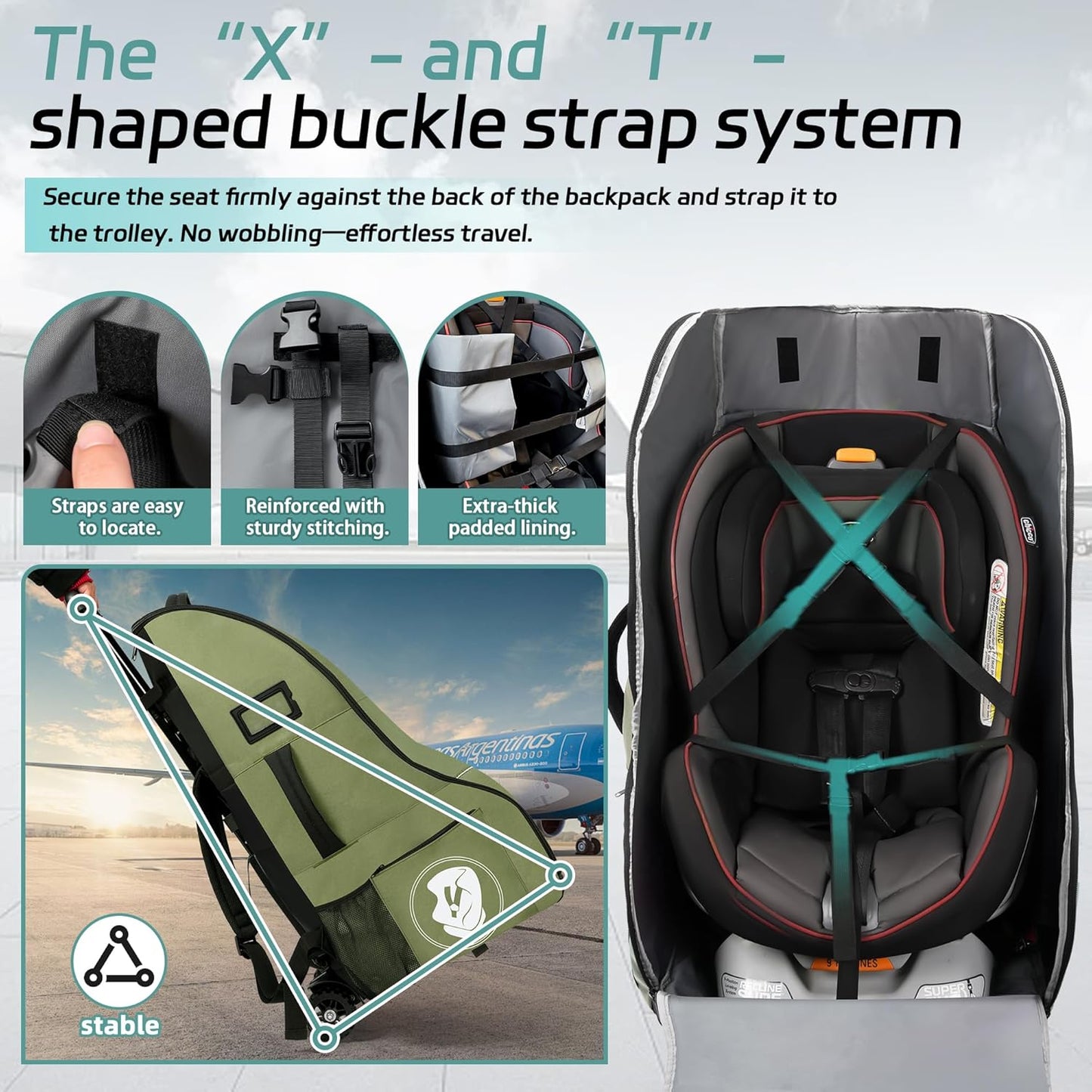 Rolling Car Seat Travel Bag with Wheels – Car Seat Backpack Transport Case for Airplane Travel, Fits Convertible & Booster Seats, Protective Storage Cover, Black