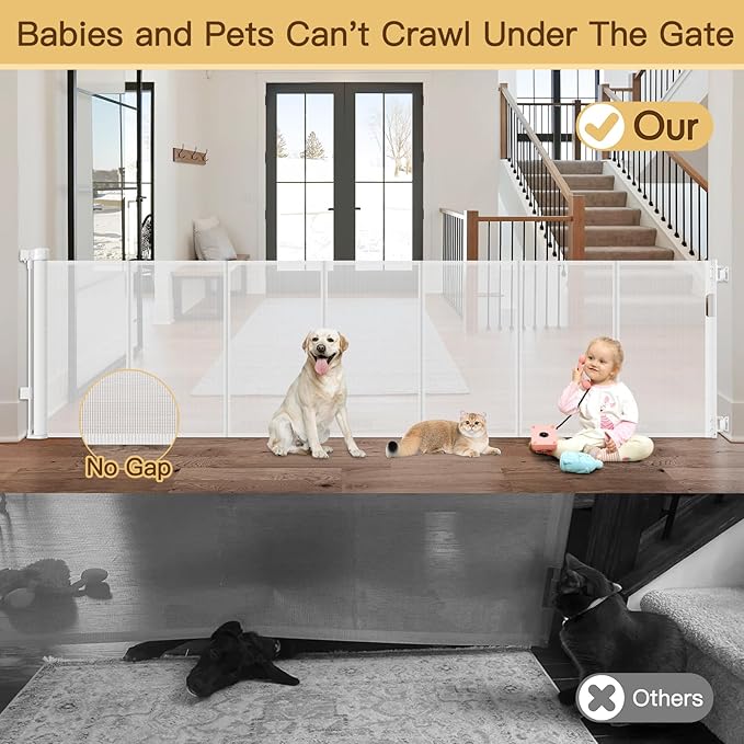 Reinforced 100 Inch Retractable Baby Gates for Doorways Extra Wide to Prevent Crawling Through, 8 ft Extra Long Retractable Pet Gate for Dogs, Safety Outdoor Baby Gate for Deck, Porch, Patio, White