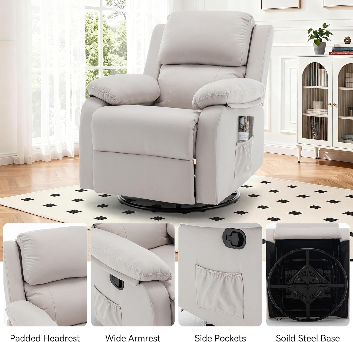 Korser Recliner Chair, 360 Swivel Rocker Chair for Adults, Small Rocking Recliner for Small Spaces, Upholstered Fabric Glider Recliner Nursery