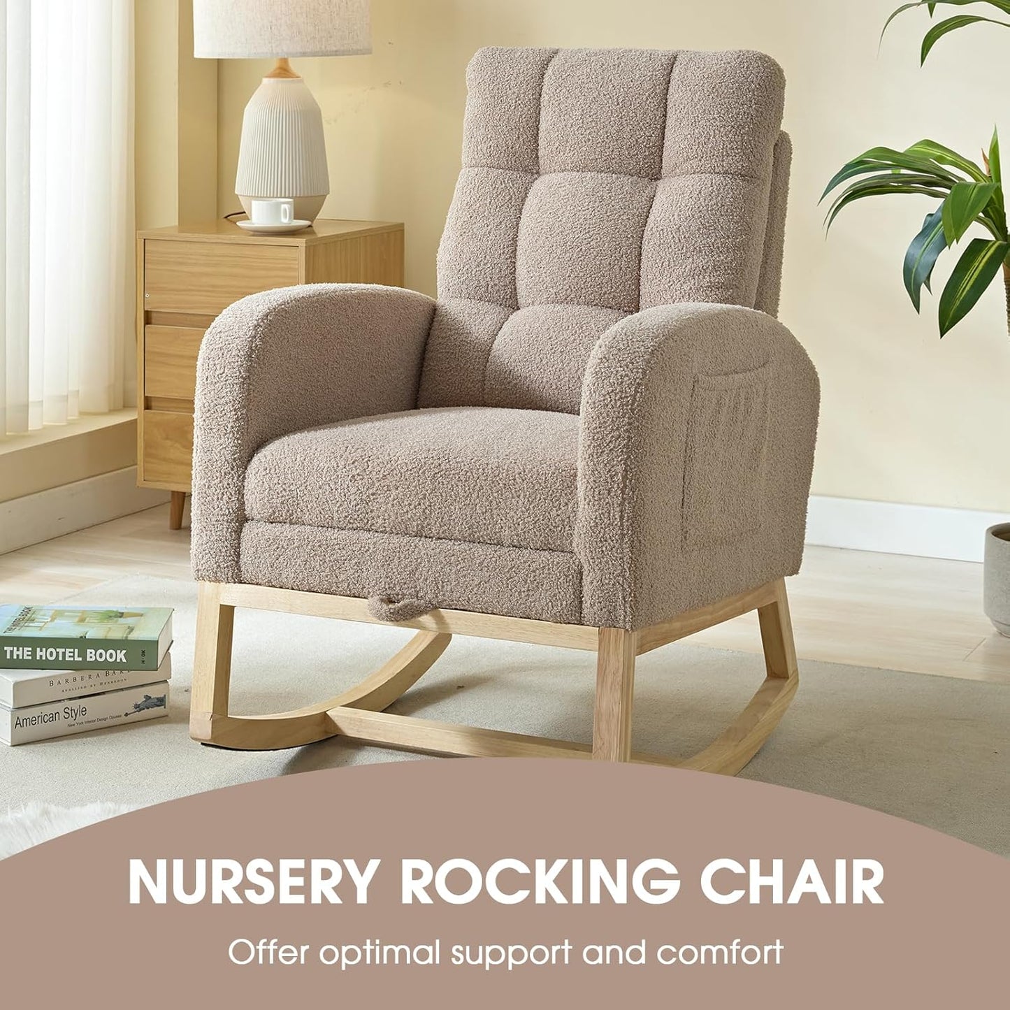 NIOIIKIT Modern Nursery Rocking Chair, Teddy Upholstered Rocking Chair with Footrest, Comfortable Rocker Recliner with Side Pocket, Rocker Glider for Living Room, Bedroom, Nursing Room (Apricot)