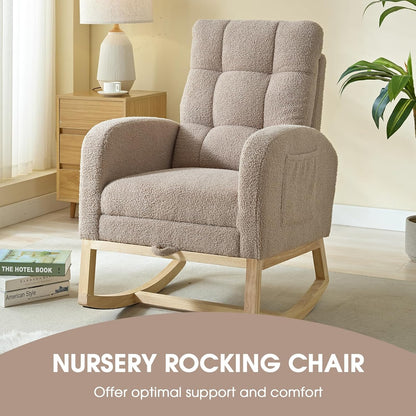 NIOIIKIT Modern Nursery Rocking Chair, Teddy Upholstered Rocking Chair with Footrest, Comfortable Rocker Recliner with Side Pocket, Rocker Glider for Living Room, Bedroom, Nursing Room (Apricot)
