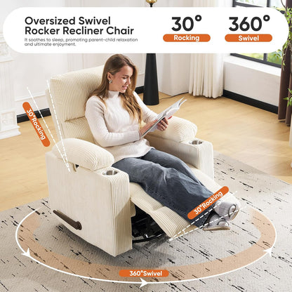 Rocking Chair Nursery with Adjustable Armrests, Electric Glider Recliner Nursing Chair for Breastfeeding, Power Swivel Recliner Chairs with Massage and Heat, Adjustable Headrest , FSC Certified, White