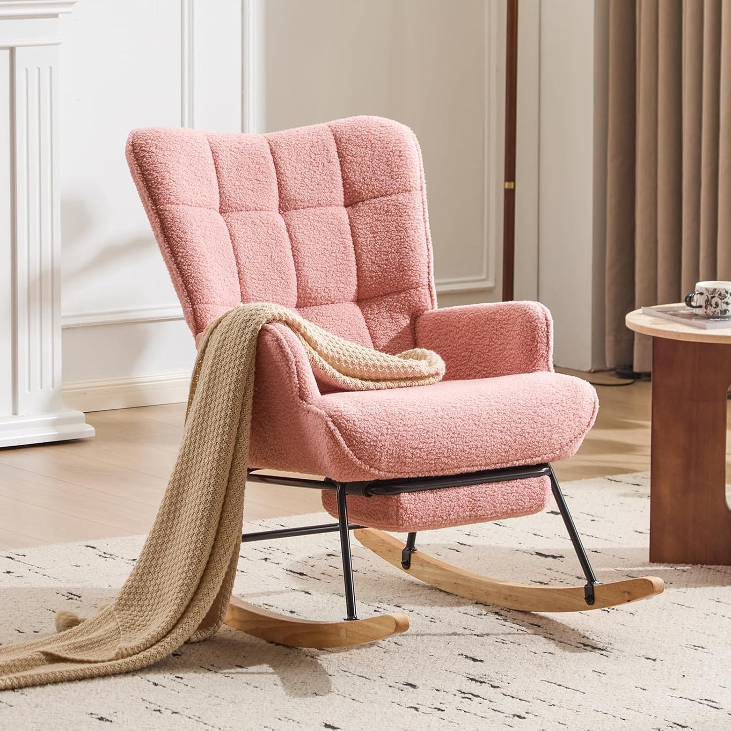Furniliving Nursery Rocking Chair Modern Armchair Upholstered Glider Rocking Chair Accent Chair with Retractable Footrest Reading Chair with High Backrest Solid Wood Base for Bedroom, White, Teddy