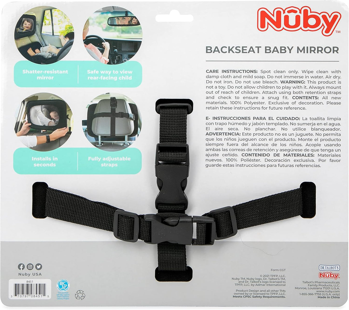 Nuby Shatterproof Rear Facing Backseat Baby Mirror, Black