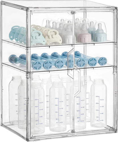 HBlife Baby Bottle Storage Organizer for Countertop Cabinet, 3 Tiers Adjustable Clear Acrylic Bottles Storage Station Case Box Container with 2 Removable Dividers and Magnetic Door, Large