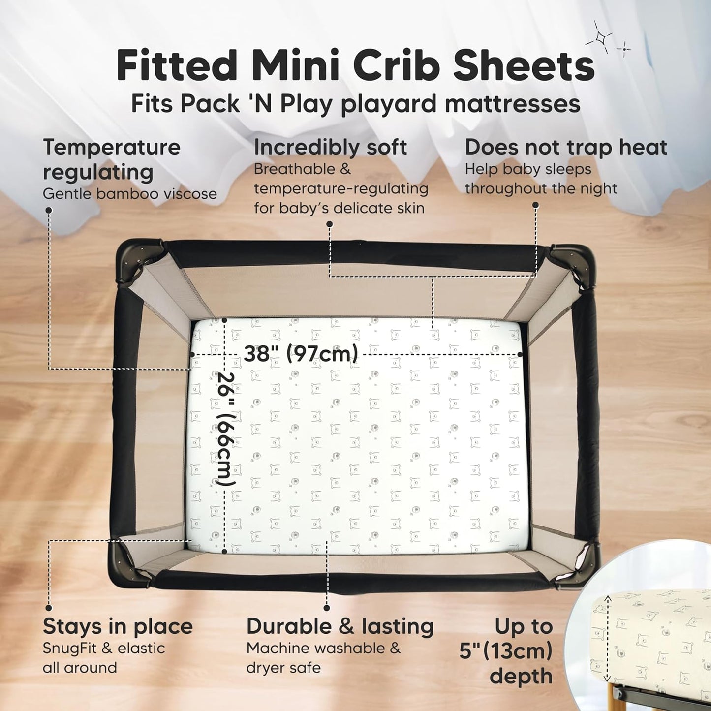 2-Pack Waterproof Pack and Play Sheets, Mini Crib Sheets Fitted for Boy, Girl - 38 x 26 Viscose from Bamboo Pack N Play Mattress Sheets for Graco, Toddler Playard Baby Crib Sheets Neutral (Blue Flax) - Colors A
