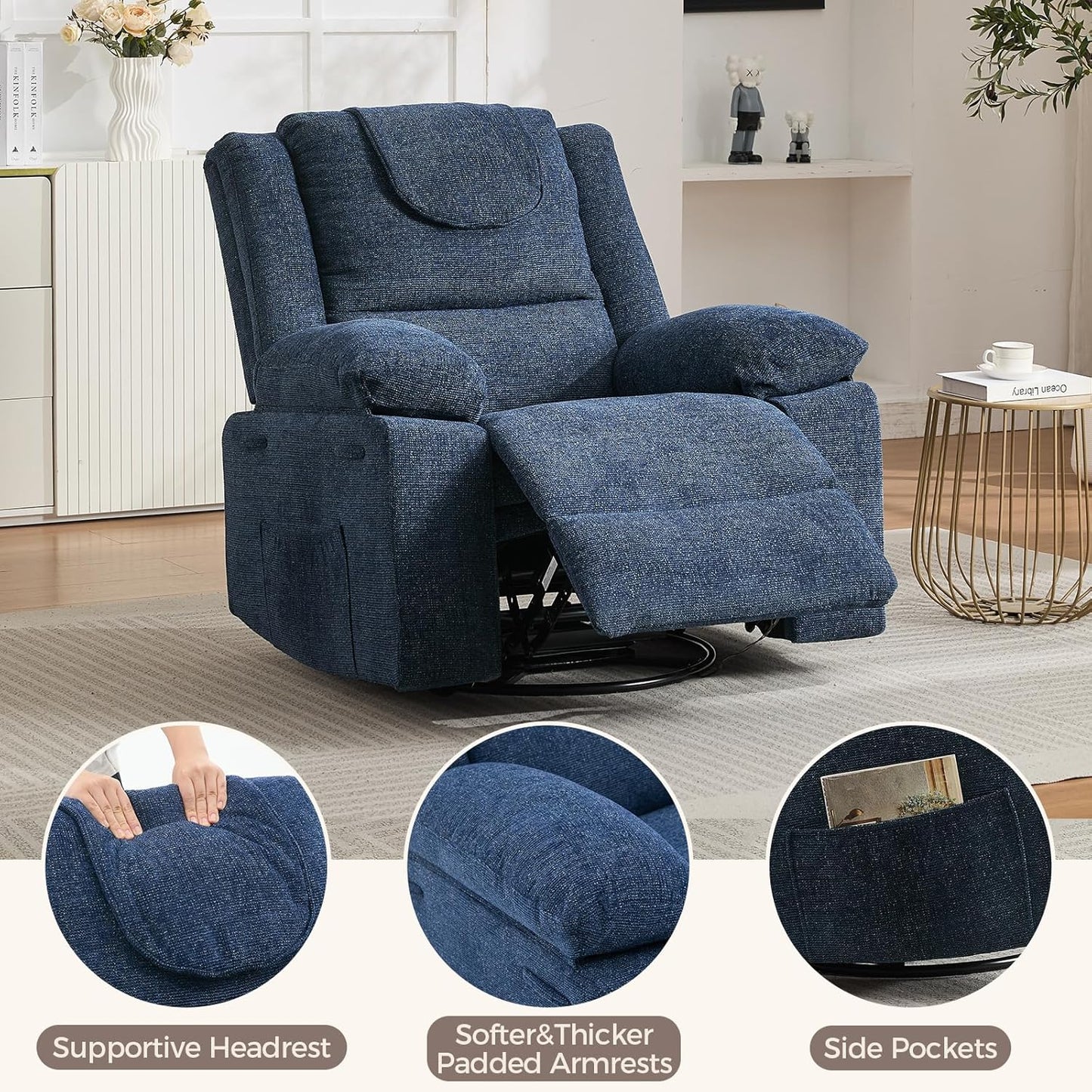Adults Oversized Rocking Nursery Glider Recliner Chair,360° Swivel Rock Recliner Chairs Single Sofa with Vibration Massage and Heating for Living Room/Bedroom,Blue