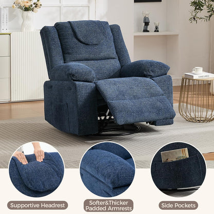 Adults Oversized Rocking Nursery Glider Recliner Chair,360° Swivel Rock Recliner Chairs Single Sofa with Vibration Massage and Heating for Living Room/Bedroom,Blue