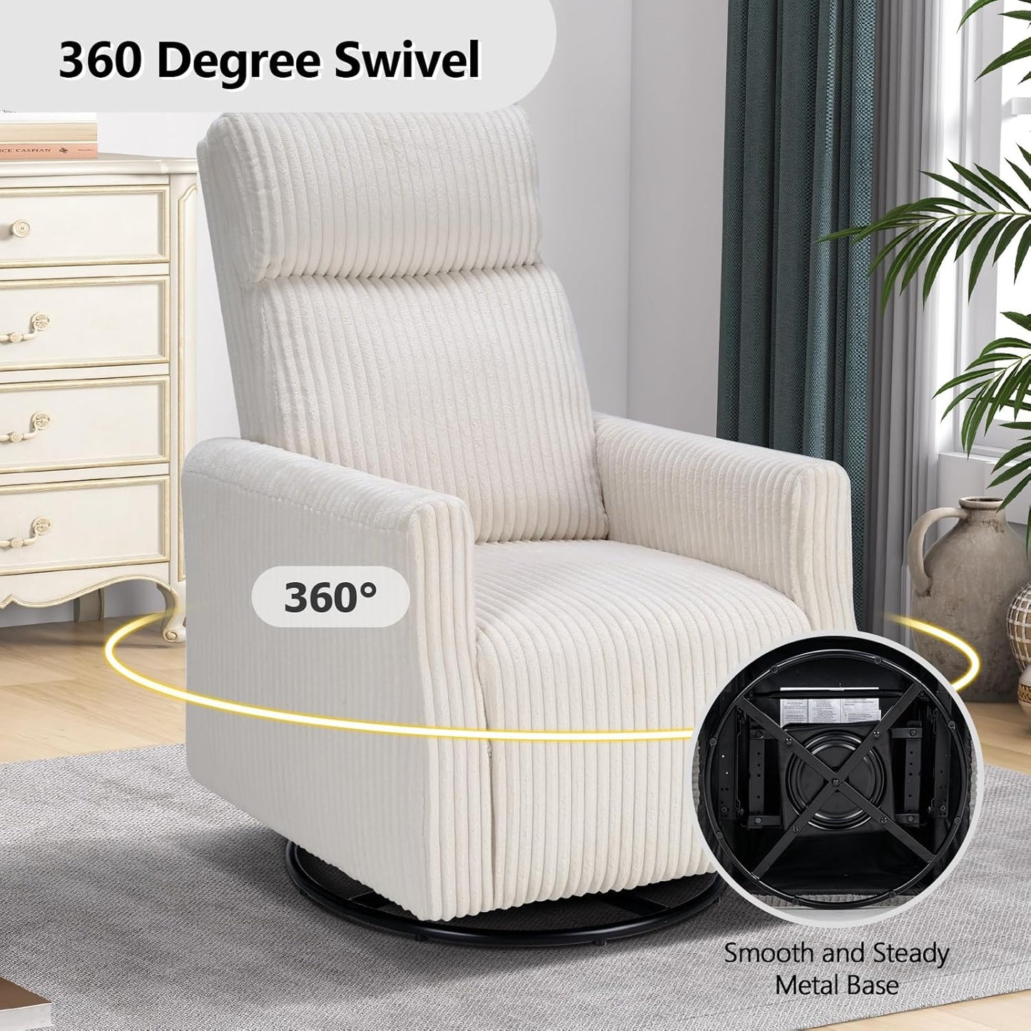 CANMOV Swivel Rocker Chair for Nursery, Swivel Accent Chair with High Back and Arms, Corduroy Glider Chair for Living Room Bedroom Nursery, Grey