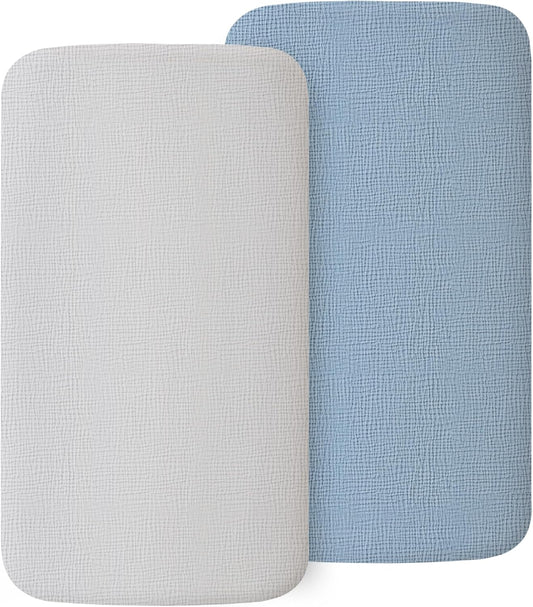 MairMore 2 Pack Muslin Fitted Bassinet Sheets for Babies, Soft & Breathable 100% Cotton Bedside Sleeper Bassinet Sheet, Moses Basket Oval Rectangle Pad/Mattress (Pink Blossom)
