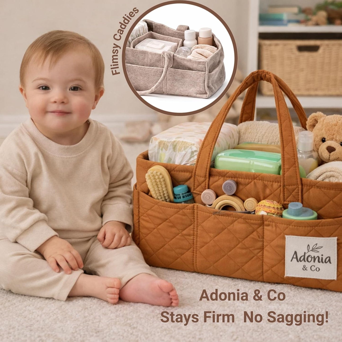 Adonia & Co Diaper Caddy Organizer – Nursery Storage Basket for Newborn Essentials Must Haves & Baby Must Haves – Portable, Machine Washable Baby Diaper Bag Organizer (Brown)
