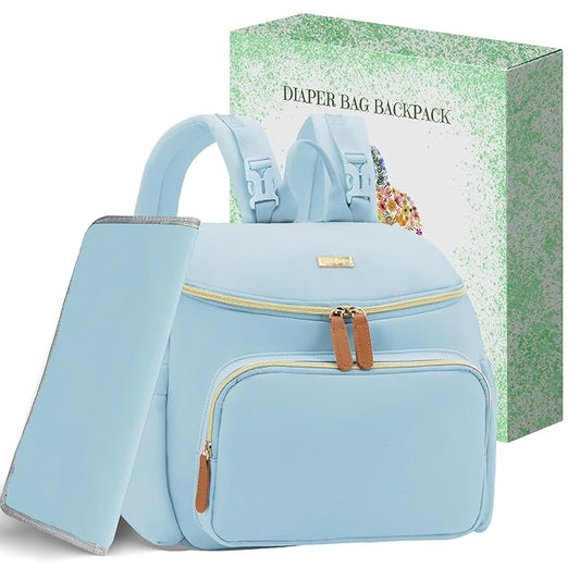 Compact Diaper Bag Backpack – Lightweight & Waterproof Baby Bag for Moms & Dads, Includes Changing Pad & Stroller Straps, Small Travel Diaper Backpack for Daily Use –Lt Blue