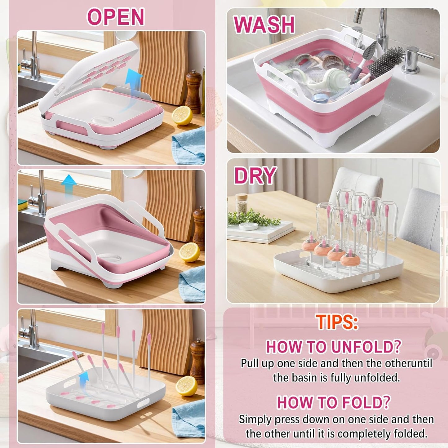 Yecuip Collapsible Wash Basin for Baby Bottles with Drying Rack – 2.4 Gallon Foldable Dish Tub with Handles, Portable RV Camping Sink & Space-Saving Wash Bin with Lid for Kitchen, Travel & Outdoor