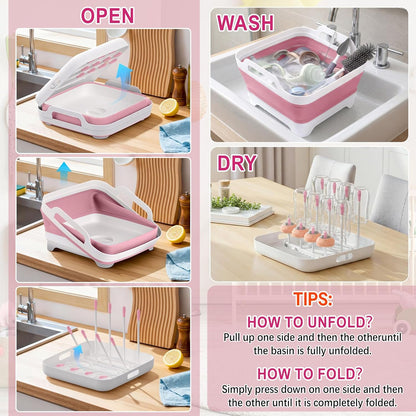 Yecuip Collapsible Wash Basin for Baby Bottles with Drying Rack – 2.4 Gallon Foldable Dish Tub with Handles, Portable RV Camping Sink & Space-Saving Wash Bin with Lid for Kitchen, Travel & Outdoor