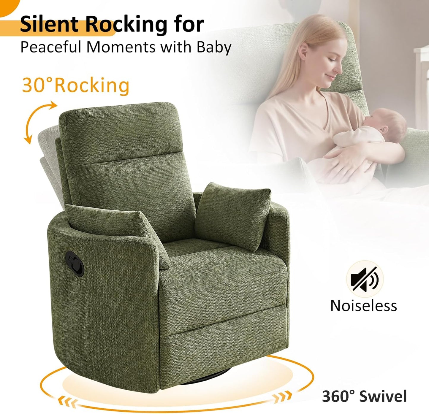 Nursery Rocking Chair, Oversized 360° Swivel Glider Recliner Chair, Upholstered Nursery Rocker with 2 Pillows and Footrest, Cozy Reclining Sofa for Living Room, Bedroom, Nursing, Olive