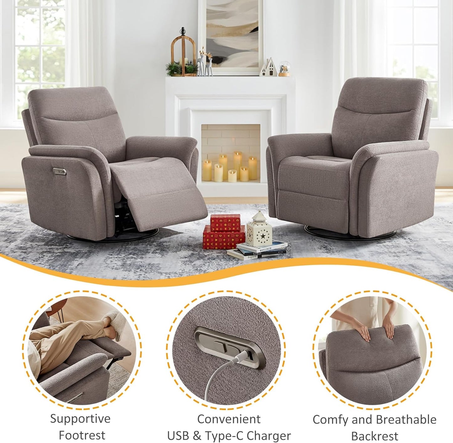 VANOMi Power Recliner Chair Swivel Glider, Electric Rocking Recliner Chairs with USB and Type-C Ports, Nursery Chair Recliner for Living Room, Bedroom, Apartment（Camel）