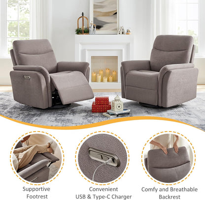 VANOMi Power Recliner Chair Swivel Glider, Electric Rocking Recliner Chairs with USB and Type-C Ports, Nursery Chair Recliner for Living Room, Bedroom, Apartment（Camel）