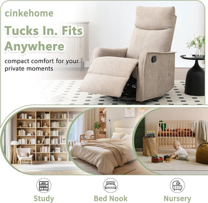 cinkehome Swivel Rocker Recliner, Glider Rocker Recliner Chair for Nursery, Manual Reclining Chair with Heated Massage, Small Spaces, Living Room, Khaki Chenille