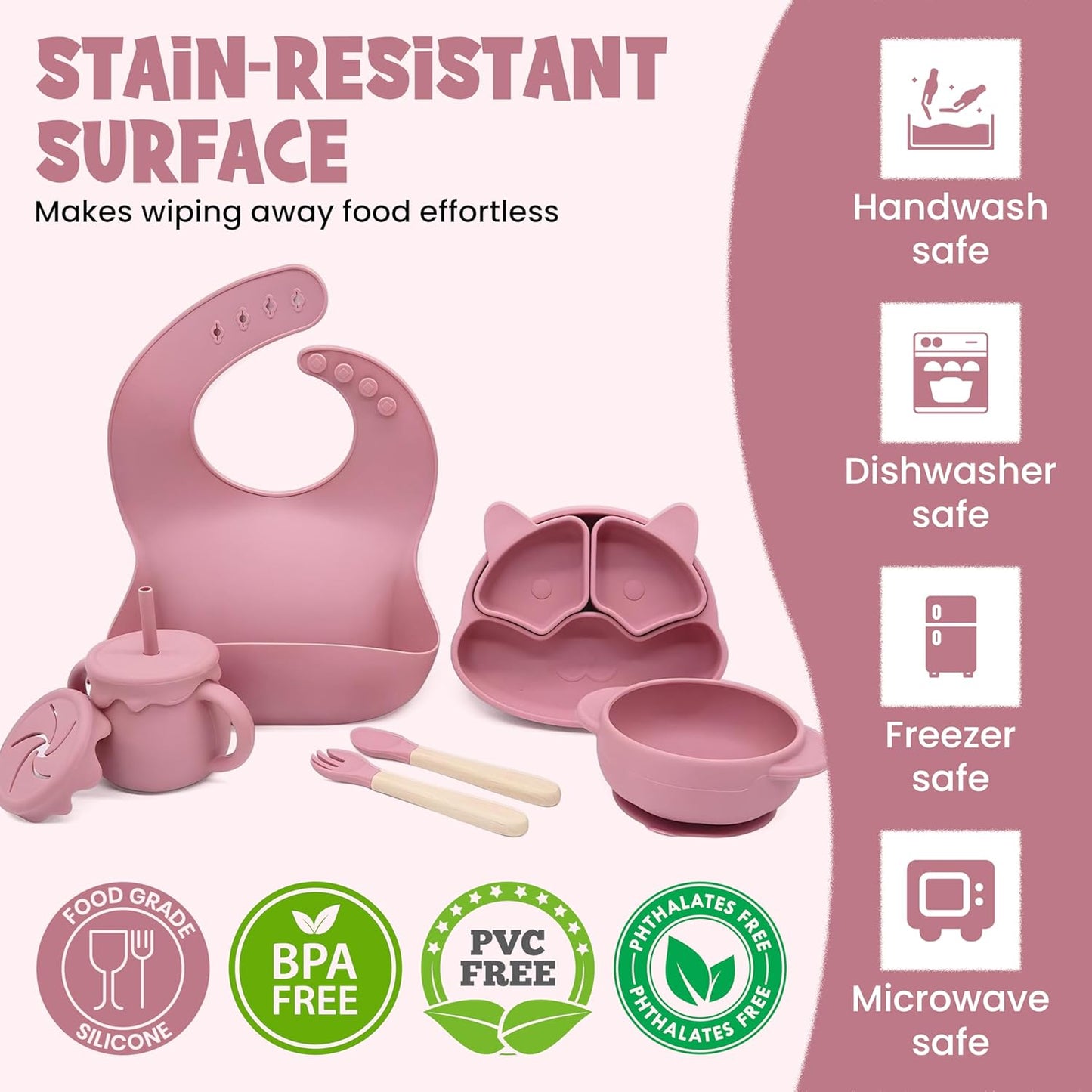 Baby Feeding Essentials, Baby Led Weaning Supplies, Silicone Baby Feeding Set, with Baby Spoon, Fork, Baby Bib, Sippy Cup, Suction Plate, Suction Bowl, Baby Eating Essentials, 6+ Months (Beige)