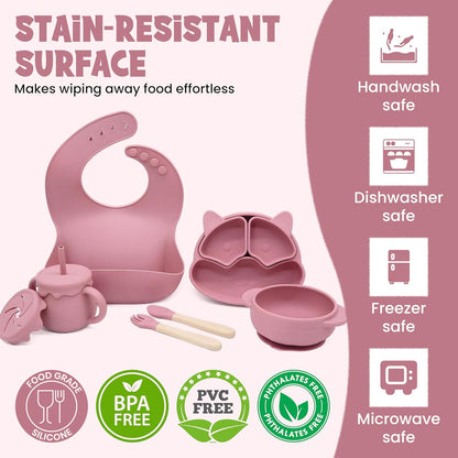 Baby Feeding Essentials, Baby Led Weaning Supplies, Silicone Baby Feeding Set, with Baby Spoon, Fork, Baby Bib, Sippy Cup, Suction Plate, Suction Bowl, Baby Eating Essentials, 6+ Months (Beige)