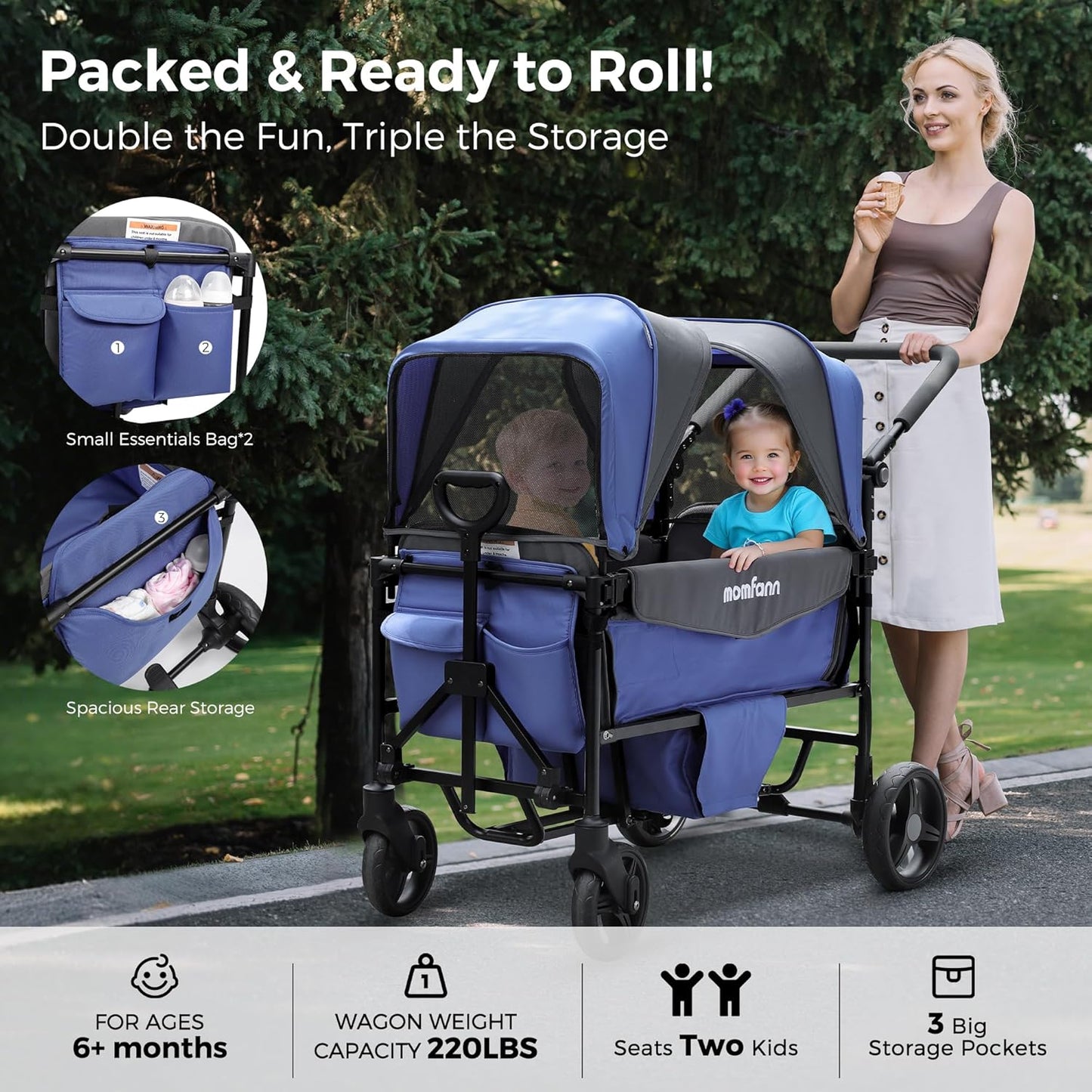 Stroller Wagon for 2 Kids with Canopy, Foldable All-Terrain Wagon Stroller with Adjustable Push/Pull Handle, Parent Organizer, 5-Point Harness, Ideal for Travel & Outdoor Adventures, Meadow Green
