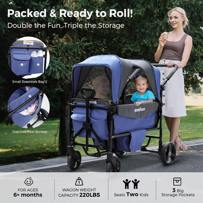Stroller Wagon for 2 Kids with Canopy, Foldable All-Terrain Wagon Stroller with Adjustable Push/Pull Handle, Parent Organizer, 5-Point Harness, Ideal for Travel & Outdoor Adventures, Meadow Green