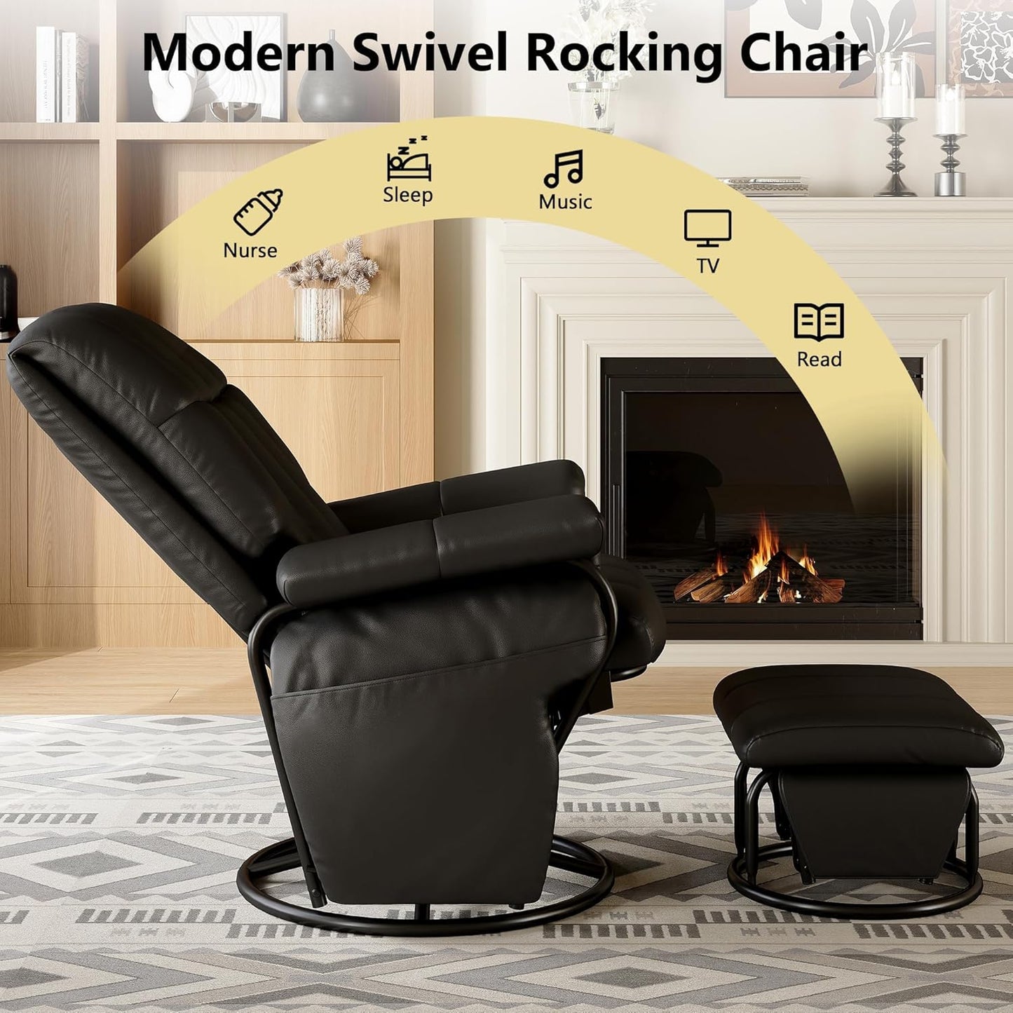 AODAILIHB 360° Swivel Glider Recliner with Ottoman, Nursing Glider Rocking Chair with Foot Rest & 2 Side Pockets for Nursery, Living Room, Bedroom, Office, White