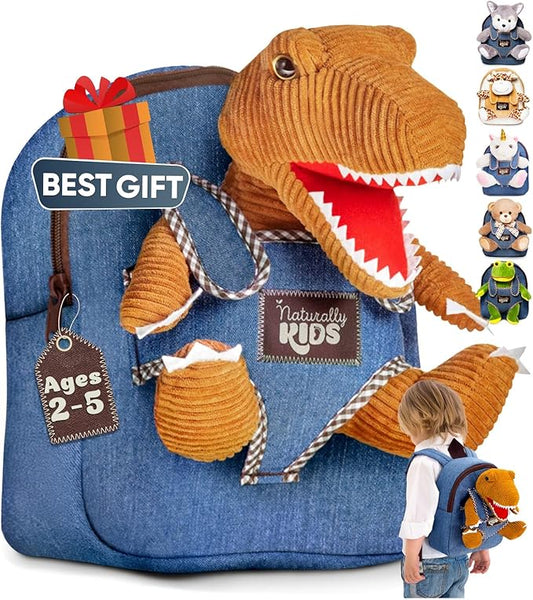 Naturally KIDS Toddler Backpack w Dinosaur Toys for Kids 2-4, 2 Year Old Boy Birthday Gift, 3 Year Old Boy Gift Girl, Toddler Dinosaur Toy
