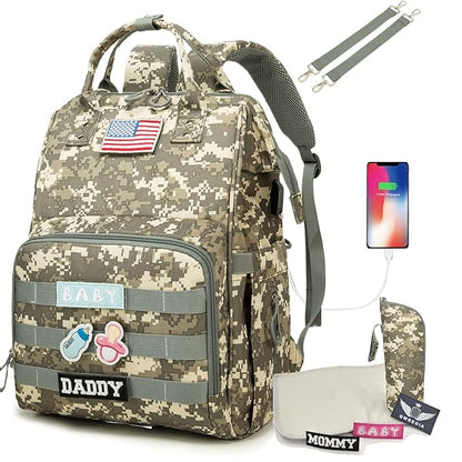 Diaper Bag Backpack for Dad and Mom with USB Charging Port Stroller Straps and Insulated Pocket,army military Travel Nappy Backpack for Daddy/Mommy (Camo)