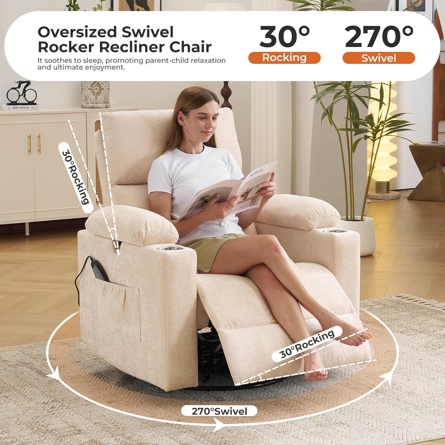 Rocking Chair Nursery with Adjustable Armrests, Electric Glider Recliner Nursing Chair for Breastfeeding, Power Swivel Recliner Chairs with Massage and Heat, Adjustable Headrest , FSC Certified, White