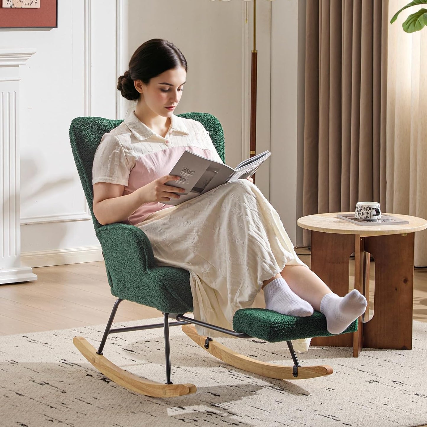 Furniliving Nursery Rocking Chair Modern Armchair Upholstered Glider Rocking Chair Accent Chair with Retractable Footrest Reading Chair with High Backrest Solid Wood Base for Bedroom, White, Teddy