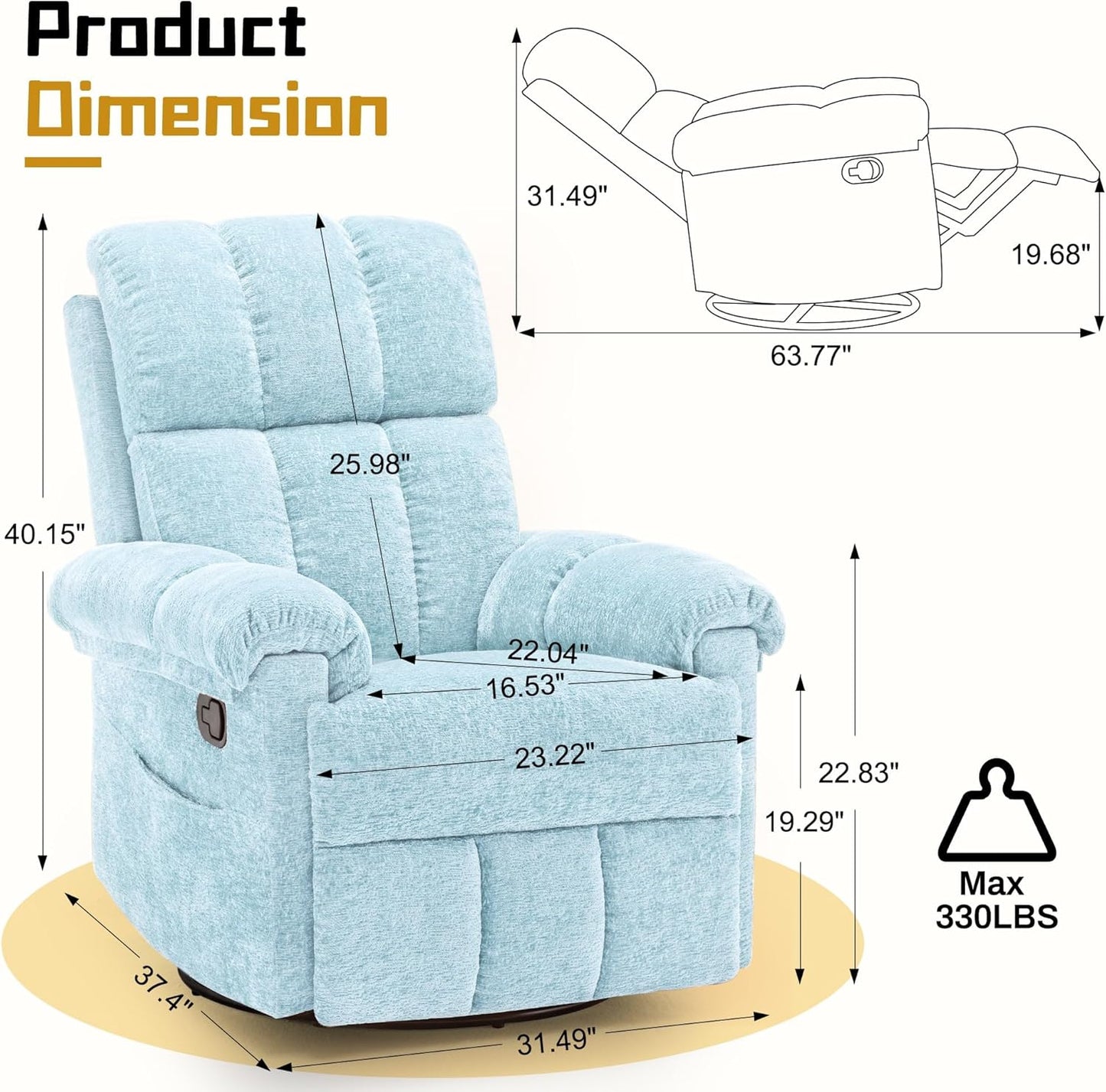 Korser Recliner Chair, Swivel Rocker Recliner Chair for Adults, Small Recliners for Small Spaces, Upholstered Manual Recliner with Side Pockets, Nursery Rocking Chair for Living Room, Chenille, Beige
