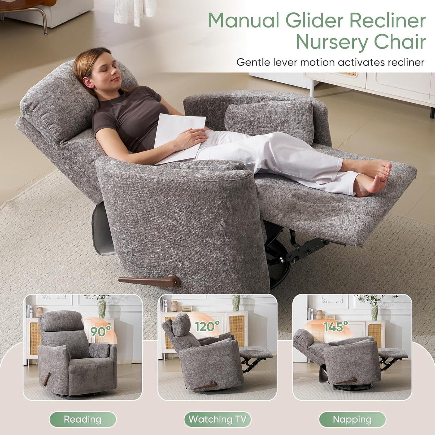 Oversized Swivel Rocker Recliner Chair with Heat and Massage, Rocking Chair with Adjustable Headrest, Manual Recliner, Glider Recliner with 2 Pillows, Chenille White
