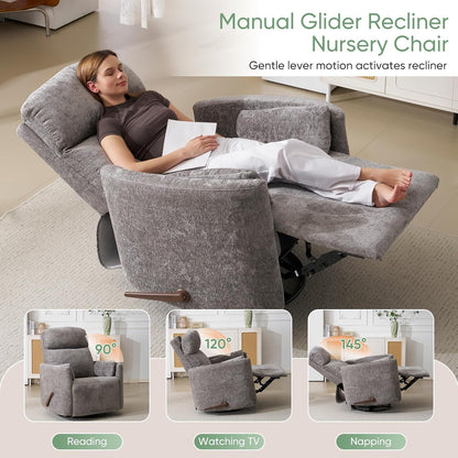 Oversized Swivel Rocker Recliner Chair with Heat and Massage, Rocking Chair with Adjustable Headrest, Manual Recliner, Glider Recliner with 2 Pillows, Chenille White