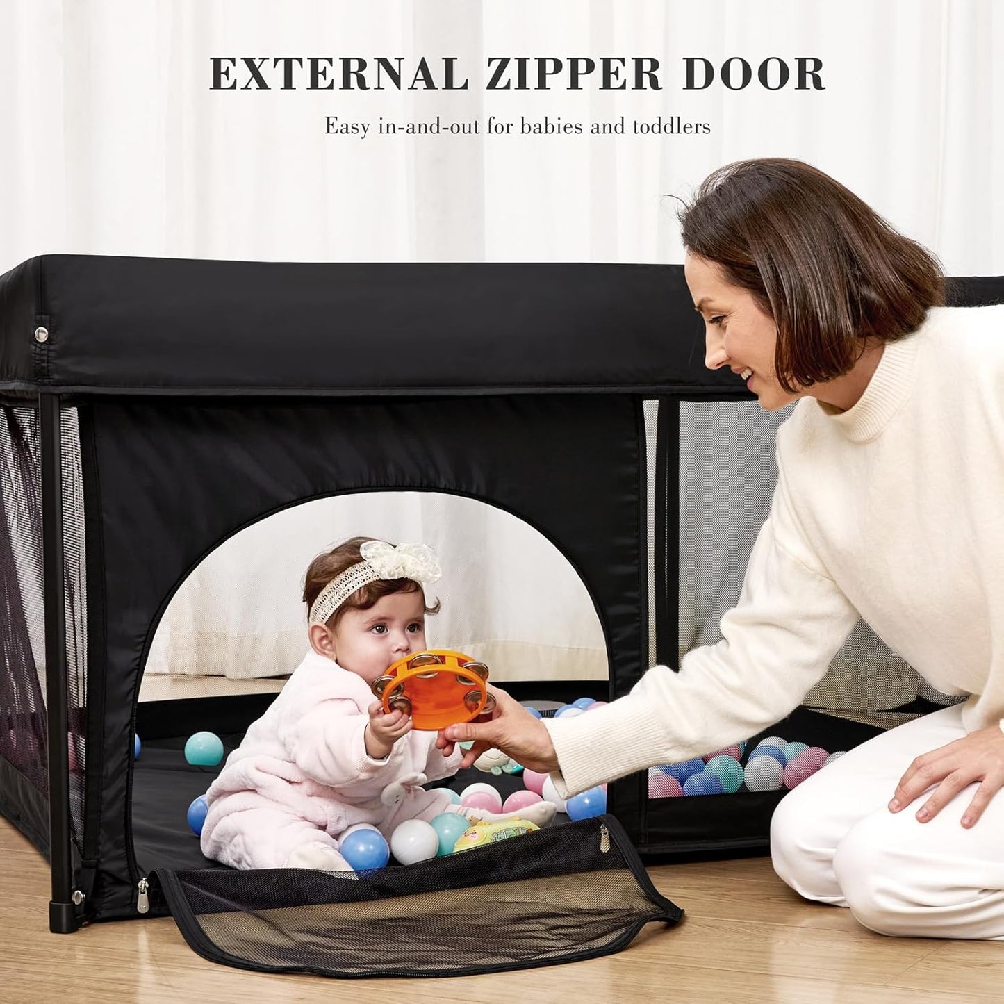 ANGELBLISS 50x50 Foldable Baby Playpen with Carrying Bag & Safety Lock - ASTM F406 Certified Baby Fence for Indoor/Outdoor, Lightweight Portable Play Yard with Breathable Mesh (Black)