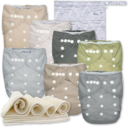 Nora's Nursery Cloth Diapers 7 Pack with 7 Inserts & 1 Wet Bag - Waterproof Cover, Washable, Reusable & One Size Adjustable Pocket Diapers for Newborns and Toddlers - Delilah