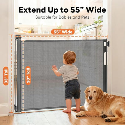(2 Pack) Retractable Baby Gates for Doorways, Mesh Dog Gate for Stairs, Pet Gate Indoor, Extends to 55" Wide 33" Tall, Safety Toddlers Gates for Hallways, Indoor & Outdoor Use, Gray