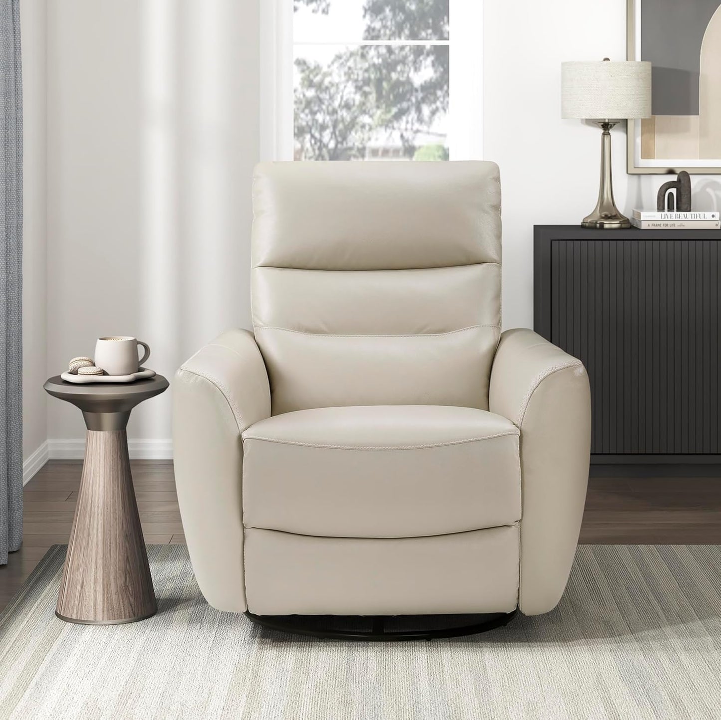 Lexicon 360 Degree Swivel Glider Reclining Chair, Manual Tab Pull Recliner, Leather Match Swivel Glider Recliner with Plush Foam, Sturdy Frame for Living Room/Office/Bedroom, Taupe