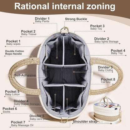 Baby Diaper Caddy Organizer, Portable Nursery Storage Basket with Changeable Compartments, 100% Cotton Woven Rope Baskets, Car & Changing Table Tote, Newborn Gift