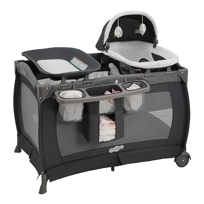 Pamo Babe Pack and Play 4 in 1 Playard Portable Playard Foldable Playpen for Baby and Toddler Portable Crib Mattress Diaper Changer for Newborn (Grey)
