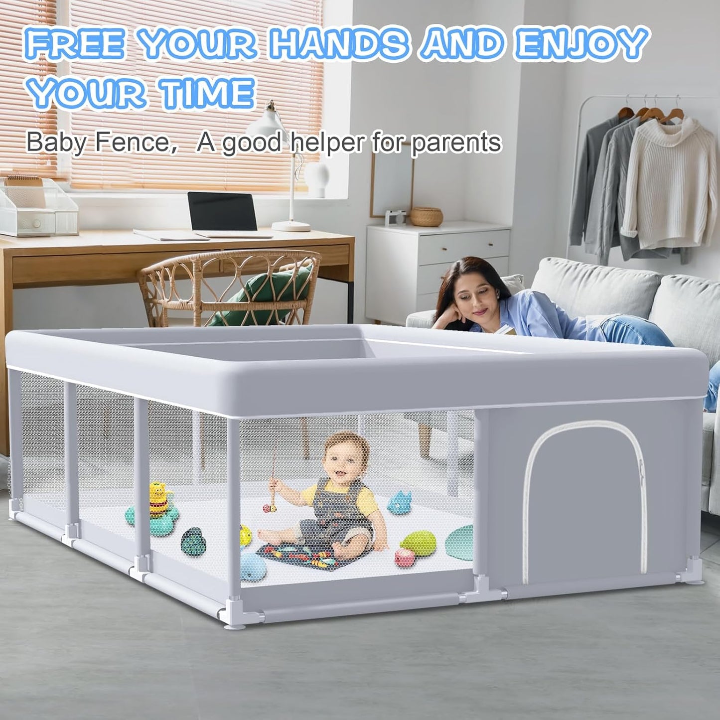 XVISHX Baby Playpen 50 x 50 Inch Play Pen Playards, Playpen for Babies and Toddlers, Baby Playard for Indoor & Outdoor Active Center Game Fence, with Skin-Friendly Fabric and Soft Breathable Mesh Grey